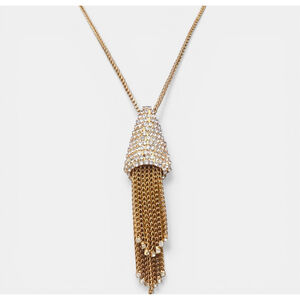 Vintage 1970s Gold Tone Conical Rhinestone Tassel Necklace Long Fringe Statement